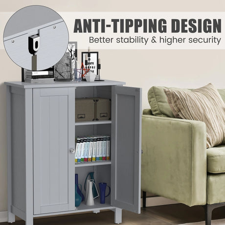Bathroom Floor Storage Cabinet with Double Door &amp; Adjustable Shelf-Grey