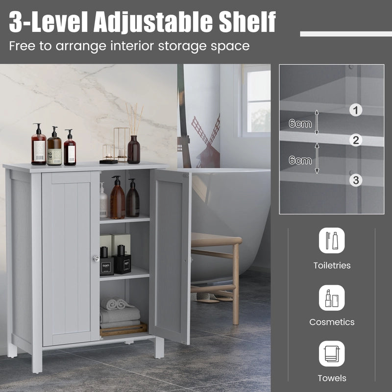 Bathroom Floor Storage Cabinet with Double Door &amp; Adjustable Shelf-Grey