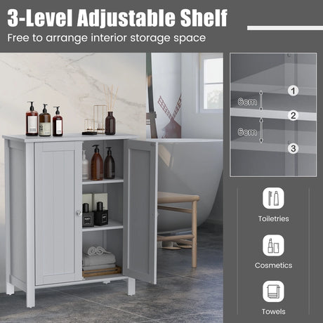 Bathroom Floor Storage Cabinet with Double Door &amp; Adjustable Shelf-Grey