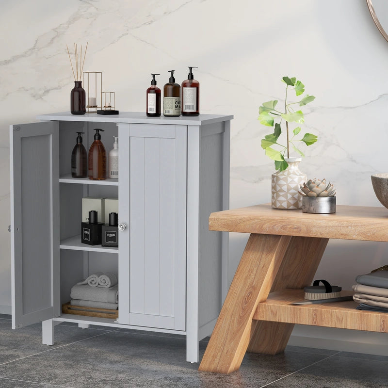 Bathroom Floor Storage Cabinet with Double Door &amp; Adjustable Shelf-Grey