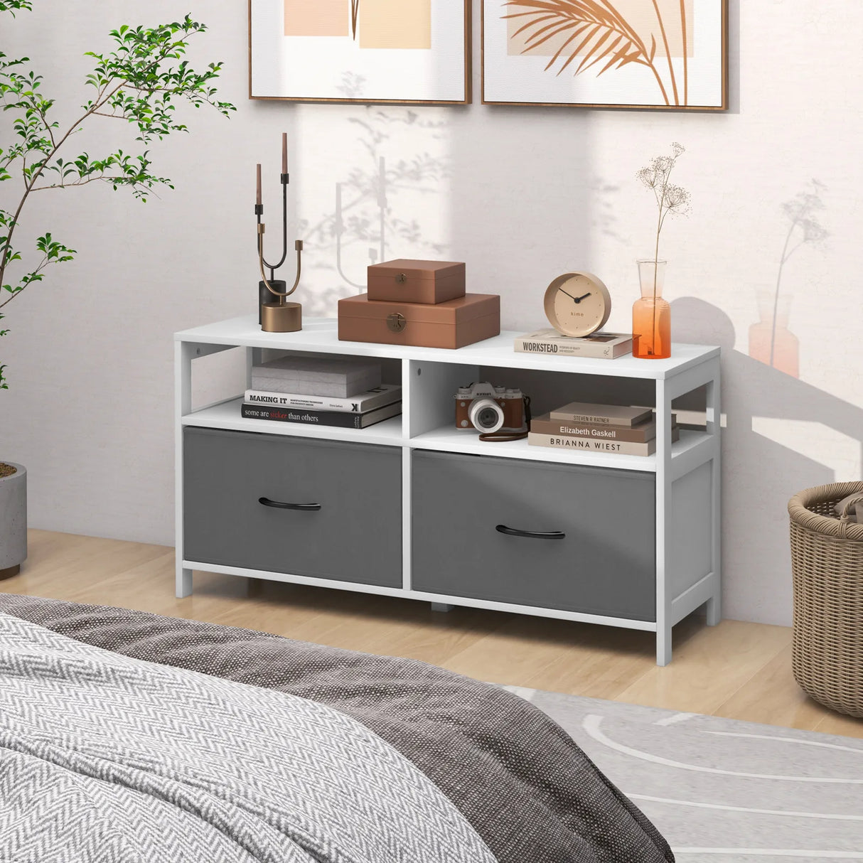 Fabric Chest of Drawers with 2 Drawers and 2 Open Shelves-White