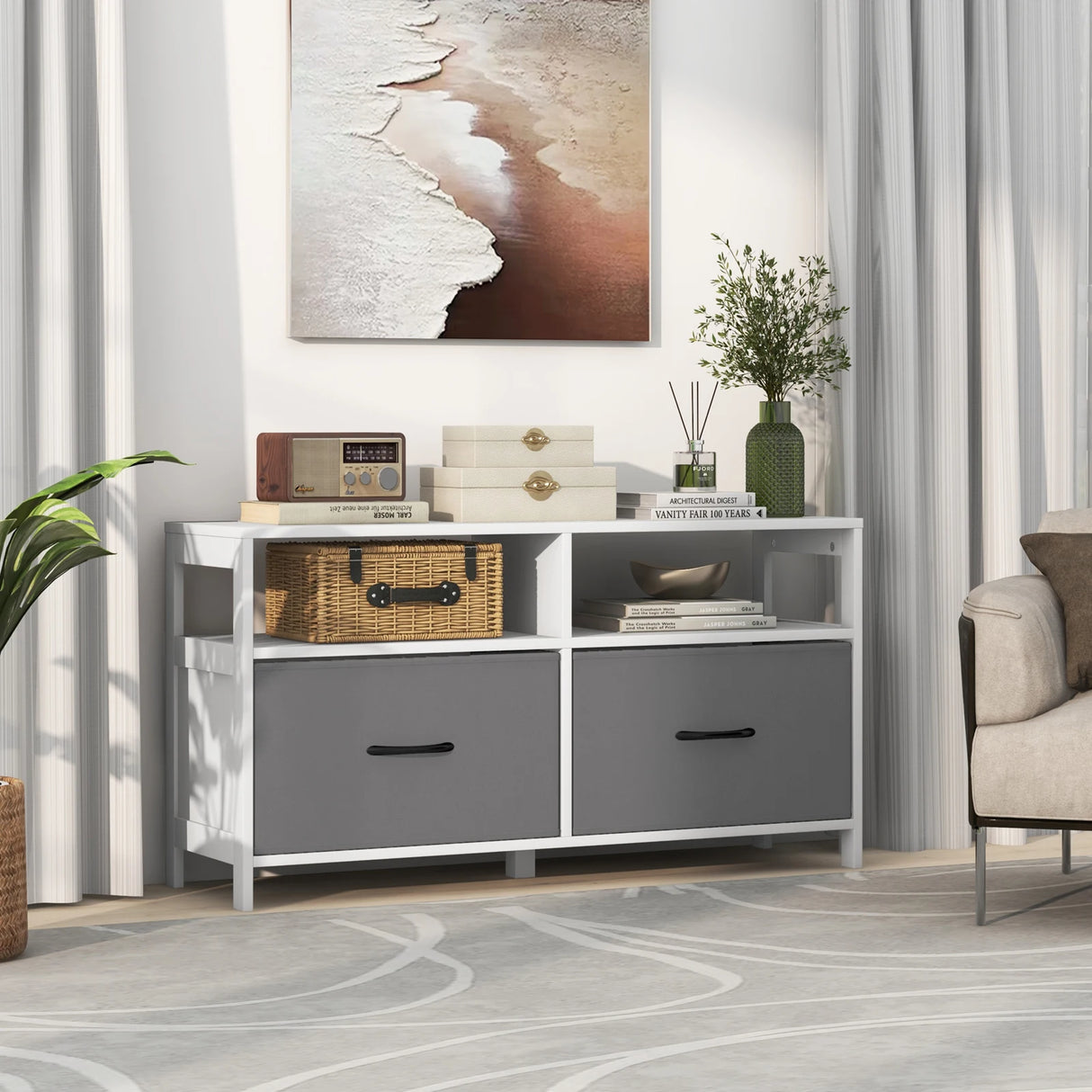 Fabric Chest of Drawers with 2 Drawers and 2 Open Shelves-White