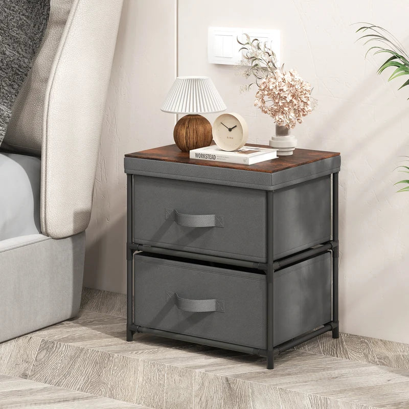 2-Drawer Nightstand with Removable Fabric Bins and Pull Handles-Gray