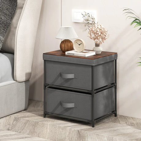 2-Drawer Nightstand with Removable Fabric Bins and Pull Handles-Gray