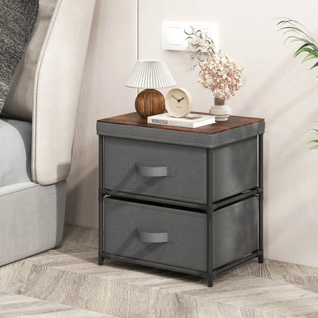 2-Drawer Nightstand with Removable Fabric Bins and Pull Handles-Gray