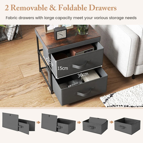 2-Drawer Nightstand with Removable Fabric Bins and Pull Handles-Gray