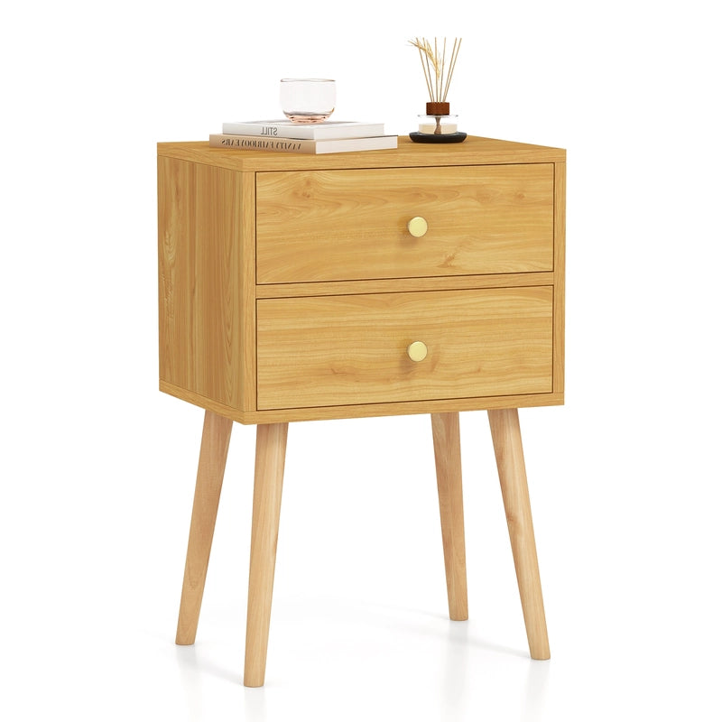 2-Drawer Nightstand with Solid Wood Legs for Bedroom-Natural