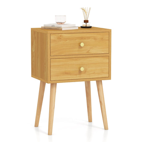 2-Drawer Nightstand with Solid Wood Legs for Bedroom-Natural