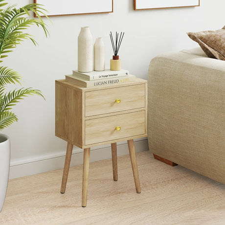 2-Drawer Nightstand with Solid Wood Legs for Bedroom-Oak