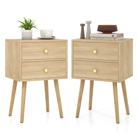 2-Drawer Nightstand with Solid Wood Legs for Bedroom-Oak