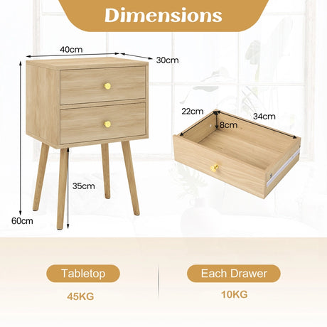 2-Drawer Nightstand with Solid Wood Legs for Bedroom-Oak