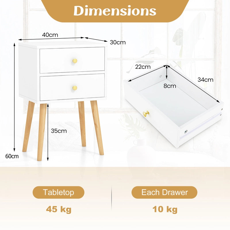 2-Drawer Nightstand with Solid Wood Legs for Bedroom-White