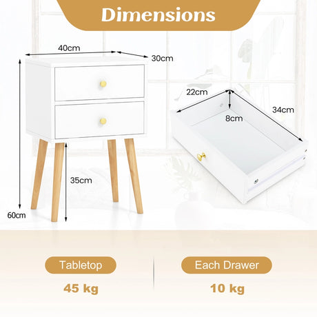 2-Drawer Nightstand with Solid Wood Legs for Bedroom-White