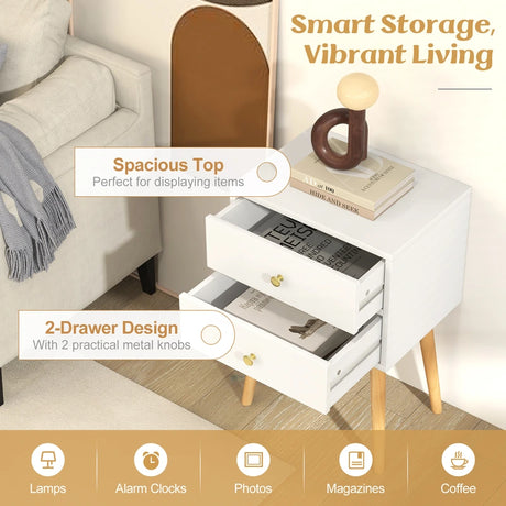2-Drawer Nightstand with Solid Wood Legs for Bedroom-White