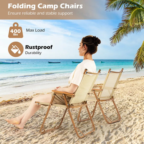 Set of 2 Folding Camp Chairs Lightweight with Aluminum Frame-Beige