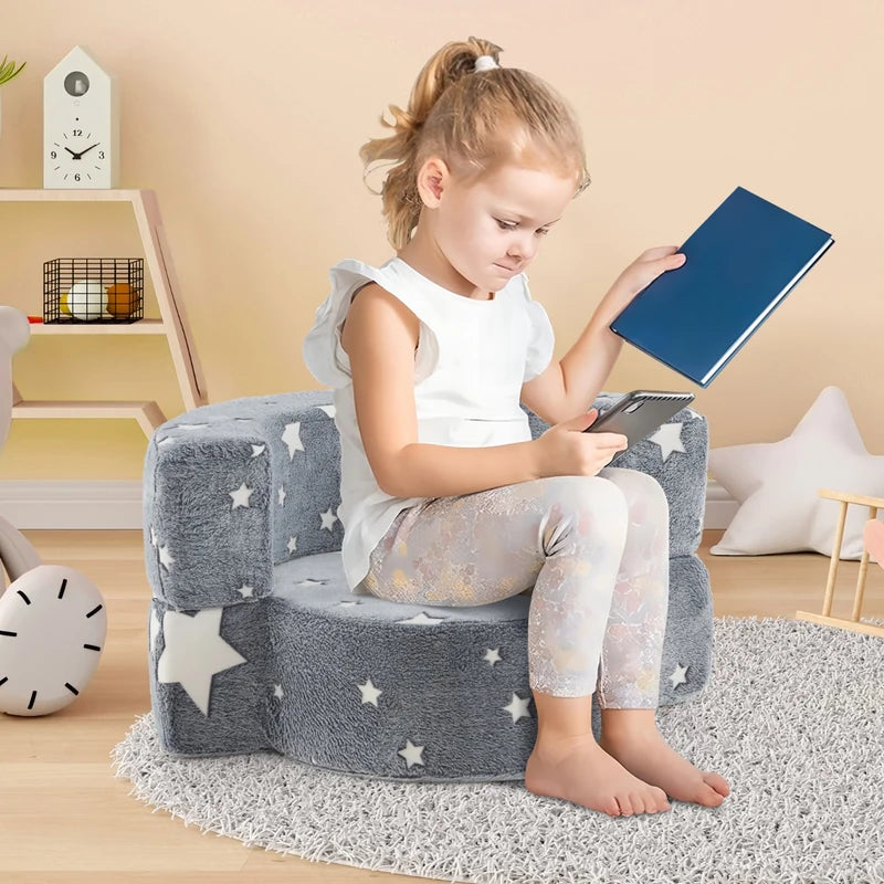 2-in-1 Convertible Glow in the Dark Kids Sofa with Removable Washable Cover-Gray
