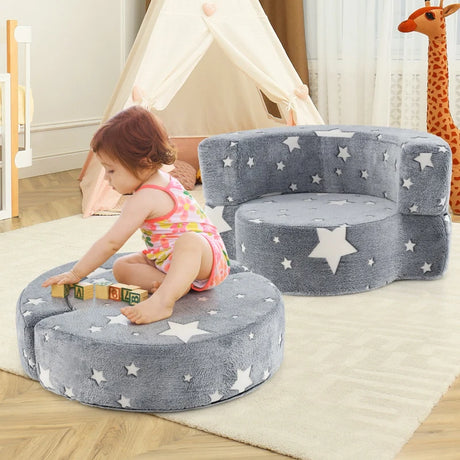 2-in-1 Convertible Glow in the Dark Kids Sofa with Removable Washable Cover-Gray