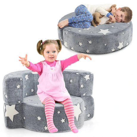 2-in-1 Convertible Glow in the Dark Kids Sofa with Removable Washable Cover-Gray