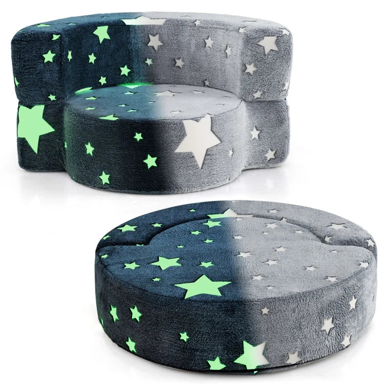 2-in-1 Convertible Glow in the Dark Kids Sofa with Removable Washable Cover-Gray