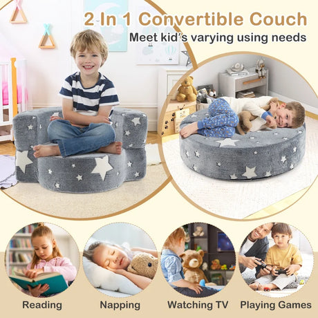 2-in-1 Convertible Glow in the Dark Kids Sofa with Removable Washable Cover-Gray
