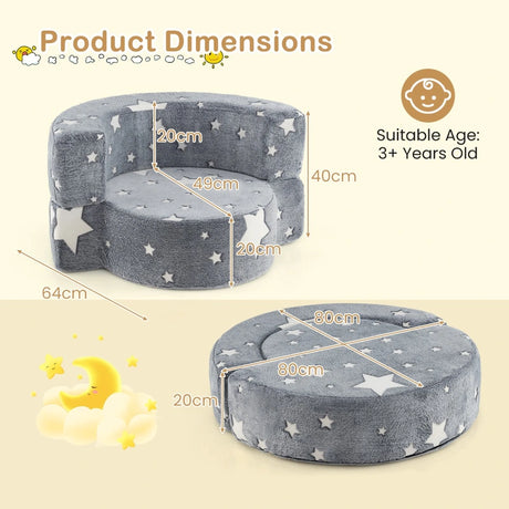 2-in-1 Convertible Glow in the Dark Kids Sofa with Removable Washable Cover-Gray