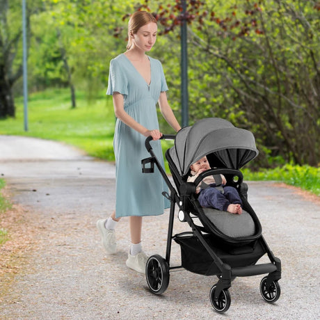 2 in 1 High Landscape Stroller with Reversible Seat and Adjustable Backrest and Canopy-Grey