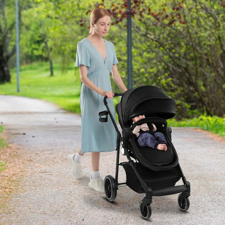 2 in 1 High Landscape Stroller with Reversible Seat and Adjustable Backrest and Canopy-Black