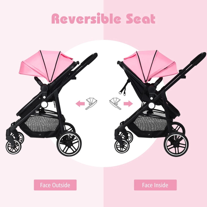2 in 1 High Landscape Stroller with Reversible Seat and Adjustable Backrest and Canopy-Pink