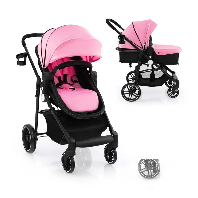 2 in 1 High Landscape Stroller with Reversible Seat and Adjustable Backrest and Canopy-Pink
