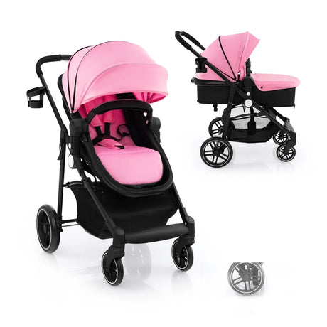 2 in 1 High Landscape Stroller with Reversible Seat and Adjustable Backrest and Canopy-Pink