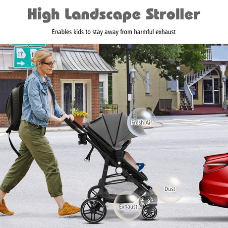2 in 1 High Landscape Stroller with Reversible Seat and Adjustable Backrest and Canopy-Grey