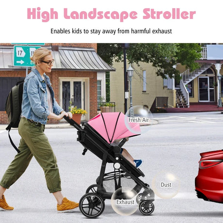 2 in 1 High Landscape Stroller with Reversible Seat and Adjustable Backrest and Canopy-Pink