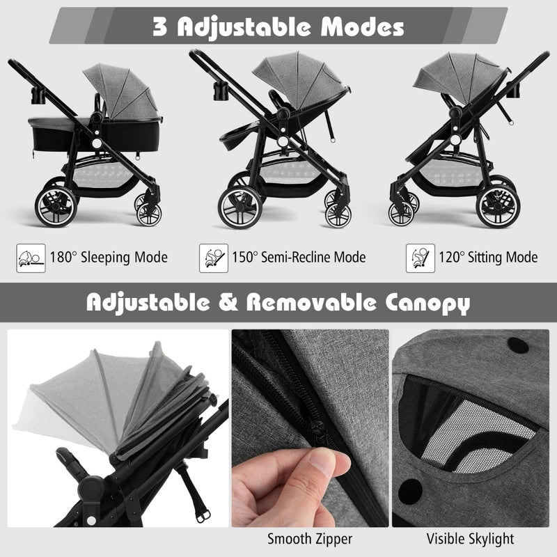 2 in 1 High Landscape Stroller with Reversible Seat and Adjustable Backrest and Canopy-Grey