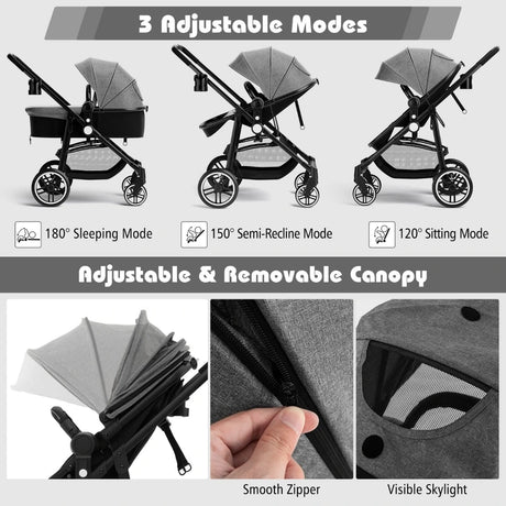 2 in 1 High Landscape Stroller with Reversible Seat and Adjustable Backrest and Canopy-Grey