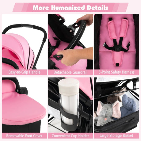 2 in 1 High Landscape Stroller with Reversible Seat and Adjustable Backrest and Canopy-Pink