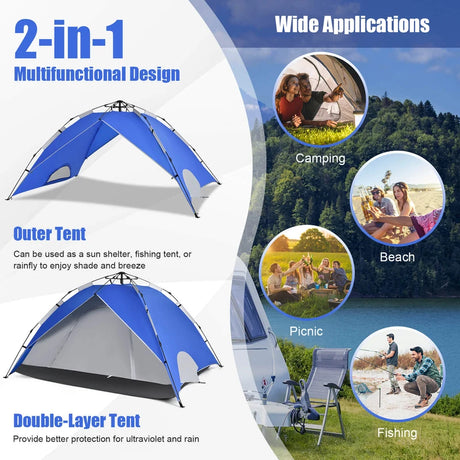 3-In-1 4-Person Instant Waterproof Pop-up Tent with Carry Bag