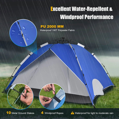 3-In-1 4-Person Instant Waterproof Pop-up Tent with Carry Bag