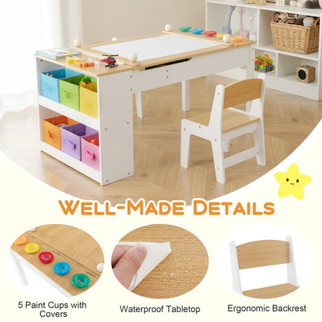 2-in-1 Kids Art Table and Art Easel Set with Chairs-Natural