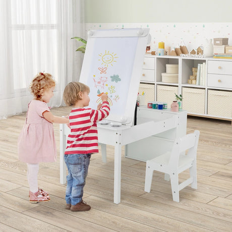3 in 1 activity table &amp; easel with liftable table top &amp; 6 fabric containers &amp; paper roll white