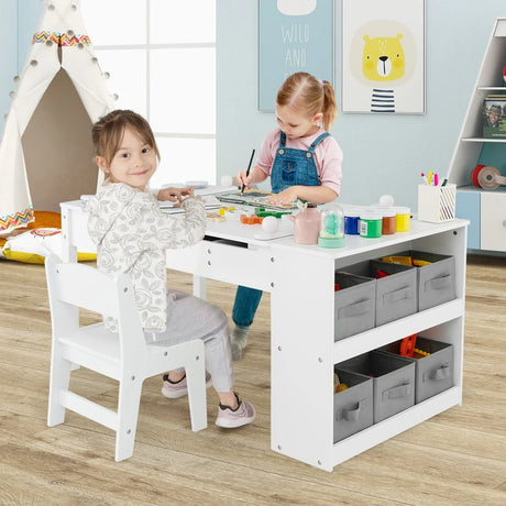3 in 1 activity table &amp; easel with liftable table top &amp; 6 fabric containers &amp; paper roll white