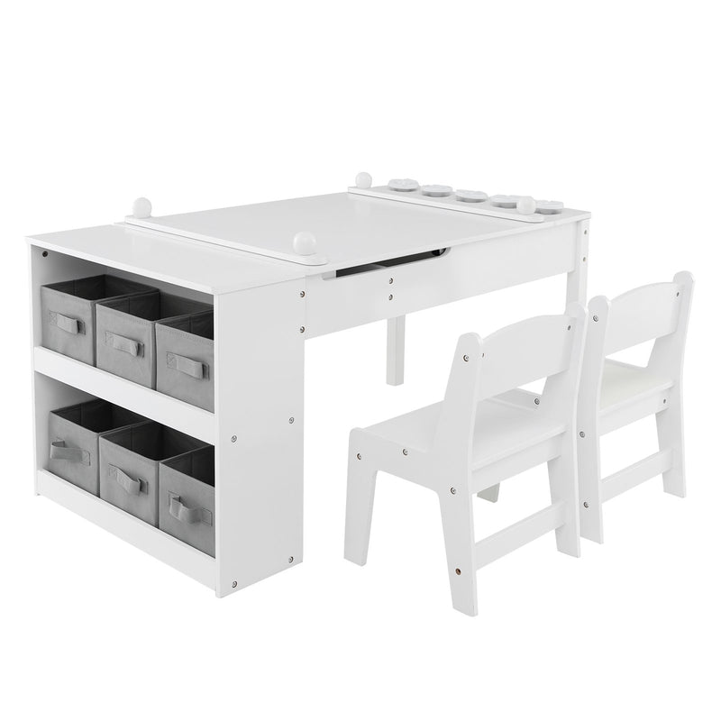 3 in 1 activity table &amp; easel with liftable table top &amp; 6 fabric containers &amp; paper roll white