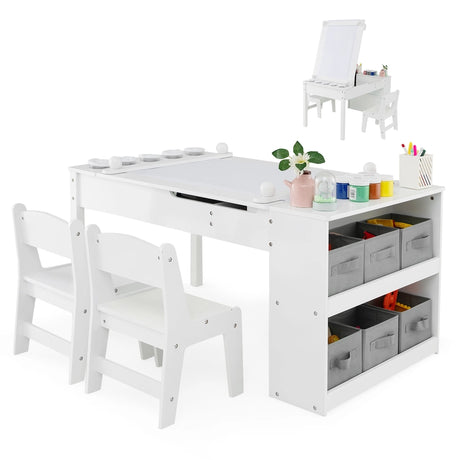 3 in 1 activity table &amp; easel with liftable table top &amp; 6 fabric containers &amp; paper roll white