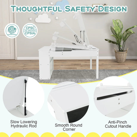 3 in 1 activity table &amp; easel with liftable table top &amp; 6 fabric containers &amp; paper roll white
