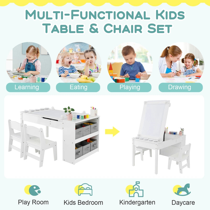 3 in 1 activity table &amp; easel with liftable table top &amp; 6 fabric containers &amp; paper roll white
