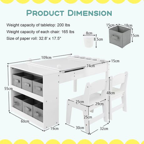3 in 1 activity table &amp; easel with liftable table top &amp; 6 fabric containers &amp; paper roll white