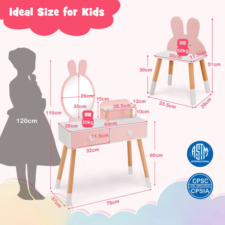 2-in-1 Princess Makeup Dressing Desk with Mirror-Pink