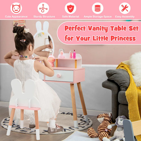 2-in-1 Kids Princess Vanity Table and Chair Set-White
