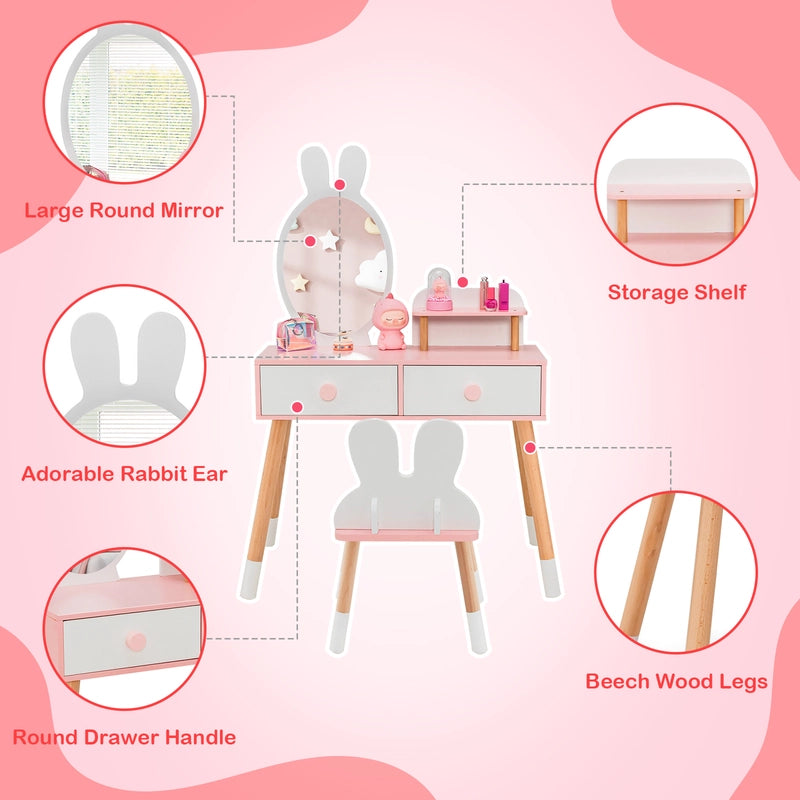 2-in-1 Kids Princess Vanity Table and Chair Set-White
