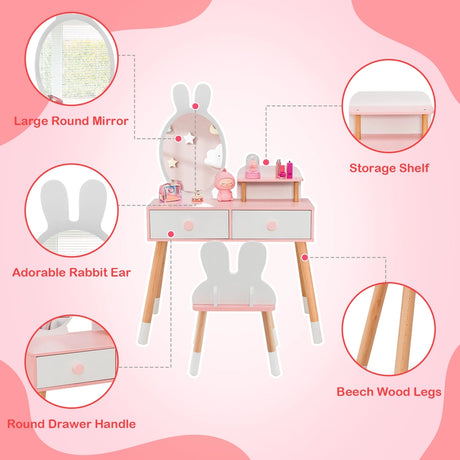 2-in-1 Kids Princess Vanity Table and Chair Set-White
