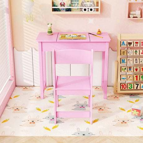 2-in-1 Kids Vanity Makeup Table and Chair Set with Flip Top Mirror-Pink